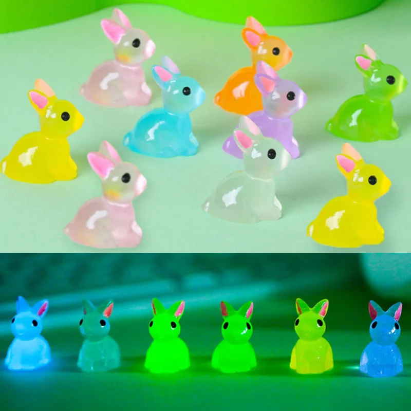 10Pcs Cute Luminous Bunny 7 Colors Simulation Animal Micro Landscape Gardening Rabbit Ornaments Mini Figurines Home Decoration