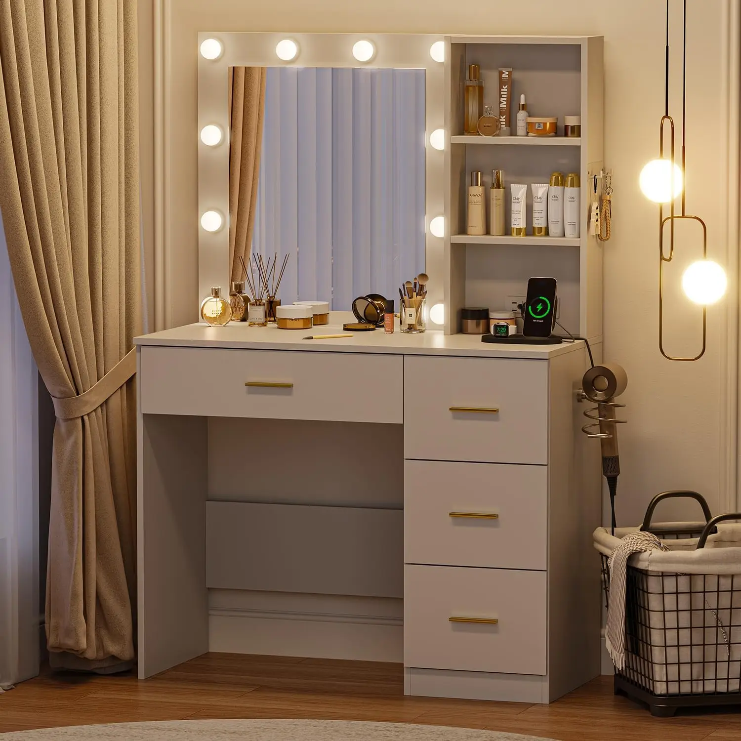 White Vanity Desk with LED Lighted Mirror, Makeup Vanity Desk with 4 Drawers Storage & Power Outlet, 3 Color Modes, 37