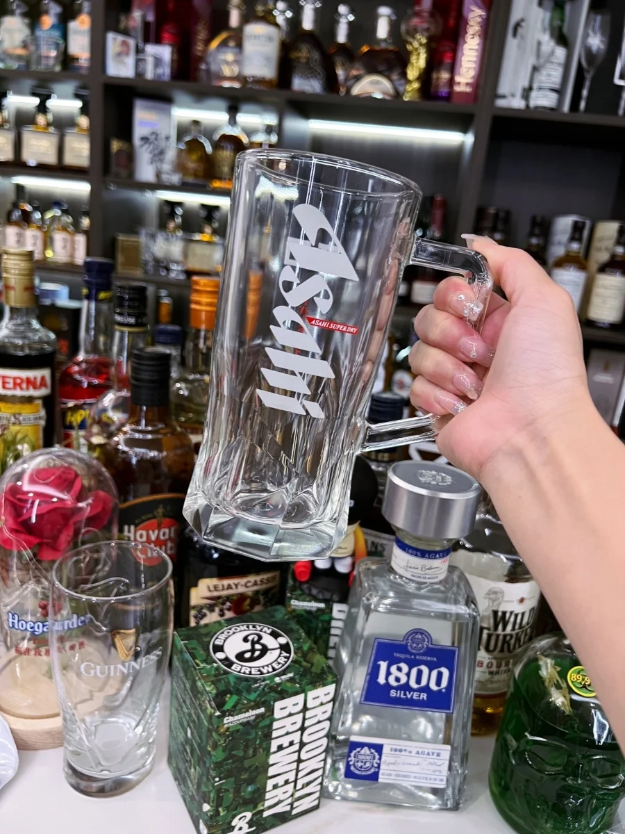 أكواب بيرة أساهي سميكة بمقبض للمأكولات اليابانية، أكواب شرب البيرة الحرفية الفاخرة، شكل دائري بطبقة واحدة