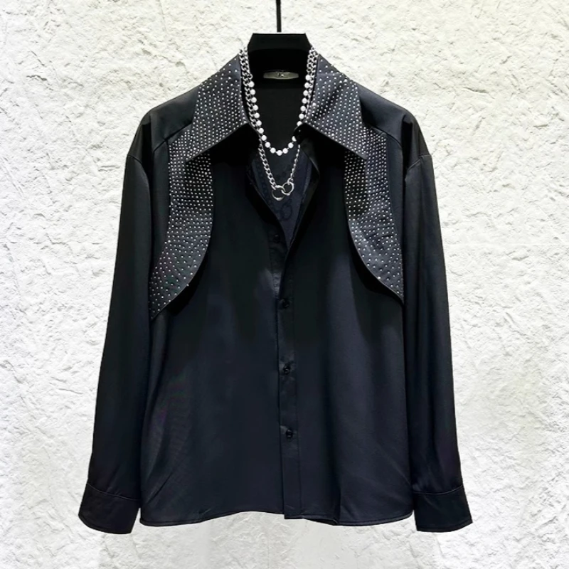 

Роскошная мужская рубашка, украшенная стразами, с длинным рукавом, сценические костюмы, уличная одежда для банкетов и вечеринок, рубашки, мужская одежда