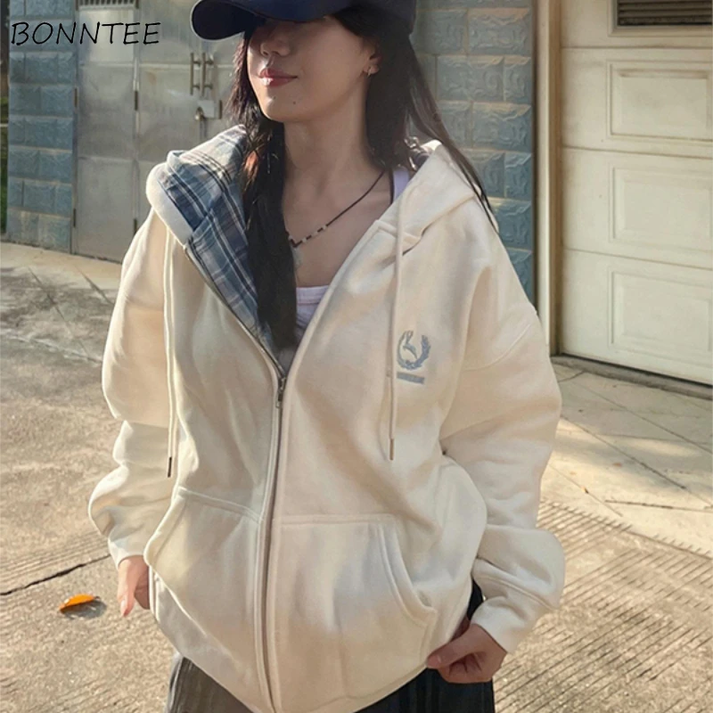 Hooded Hoodies Women Loose Fit Korean Fashion Autumn Winter Preppy Style Zipper Outwear Embroidery Plaid Patchwork Mujer Young