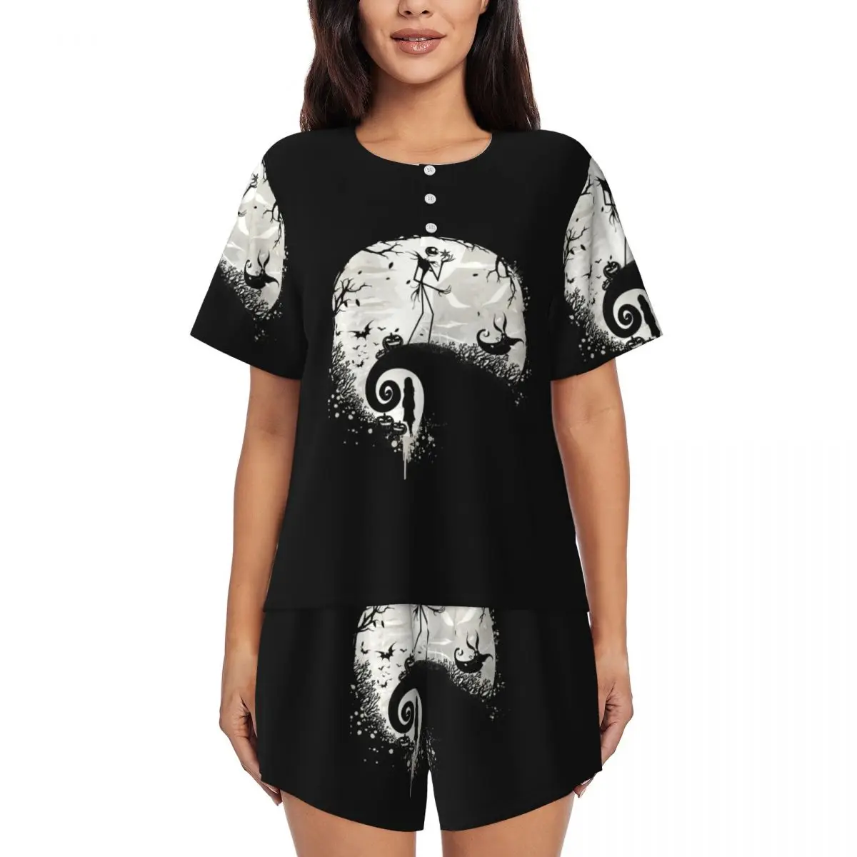 

Женские пижамные комплекты с рисунком «Кошмар перед Рождеством», женские комплекты из 2 предметов, пижамы с короткими рукавами Джека Скеллингтона, шорты, одежда для сна