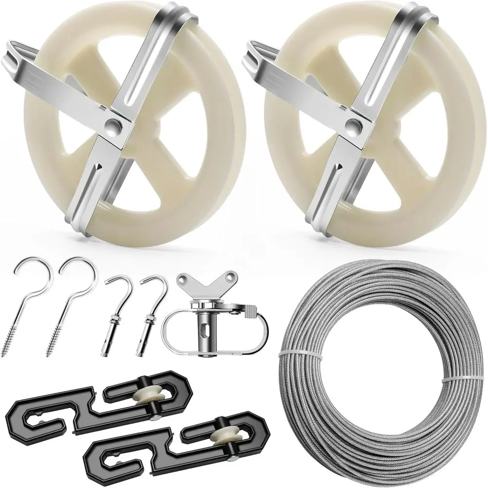 Heavy-Duty 150.9ft Plastic-Coated Clothesline Kit with 2 Pulleys, Dividers, Tightener, Hooks & Screws