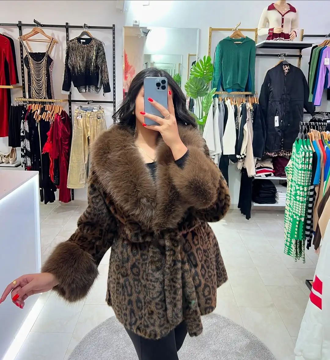 Fashion Lapel Leopard Print Faux Fur Jacket Women Luxury Full Sleeve Loose With Belt Warm Jackets Lady Winter Daily Street Coat
