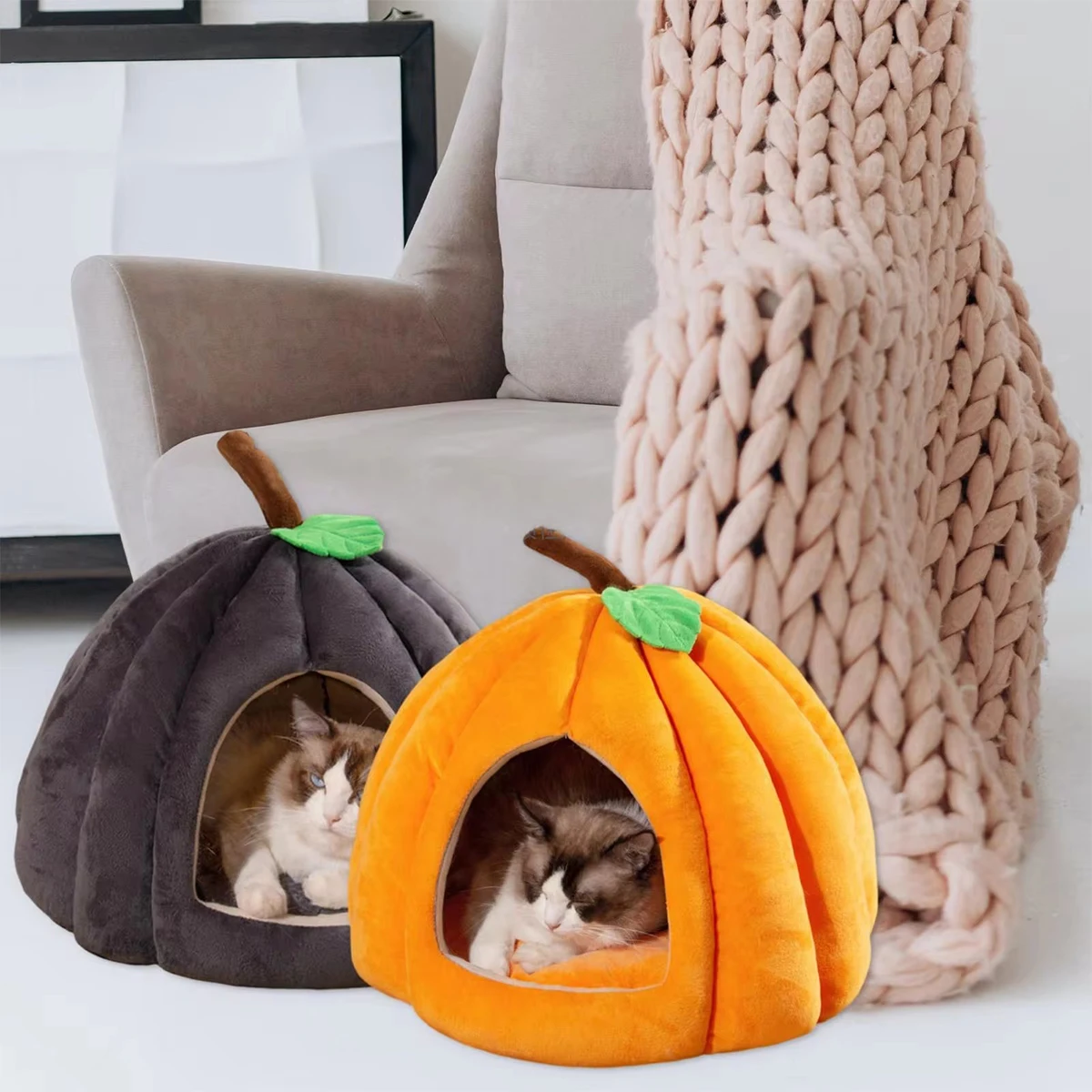 Halloween Pumpkin Cat Tent Bed Semi-enclosed Pet Kennel With Removable Cushion Warm And Comfortable Pet Supplies