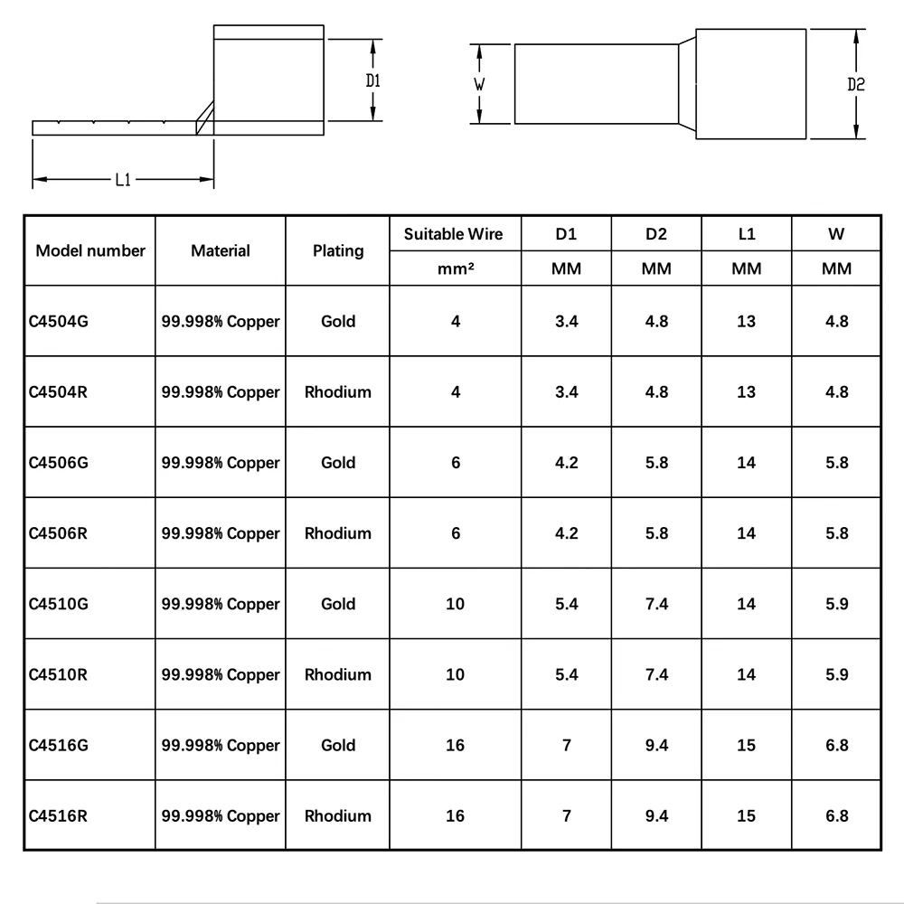 6 pz placcato oro C45-4 C45-6 C45-10 C45-16 inserto quadrato DZ47 a forma di perno aperto rame giunto a saldare naso estremità pressata a freddo