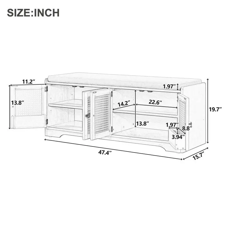 مقعد تخزين ريفي، مقعد أحذية خشبي متعدد الوظائف مع وسادة قابلة للإزالة، وأبواب الروطان المنسوجة وأرفف قابلة للتعديل #3