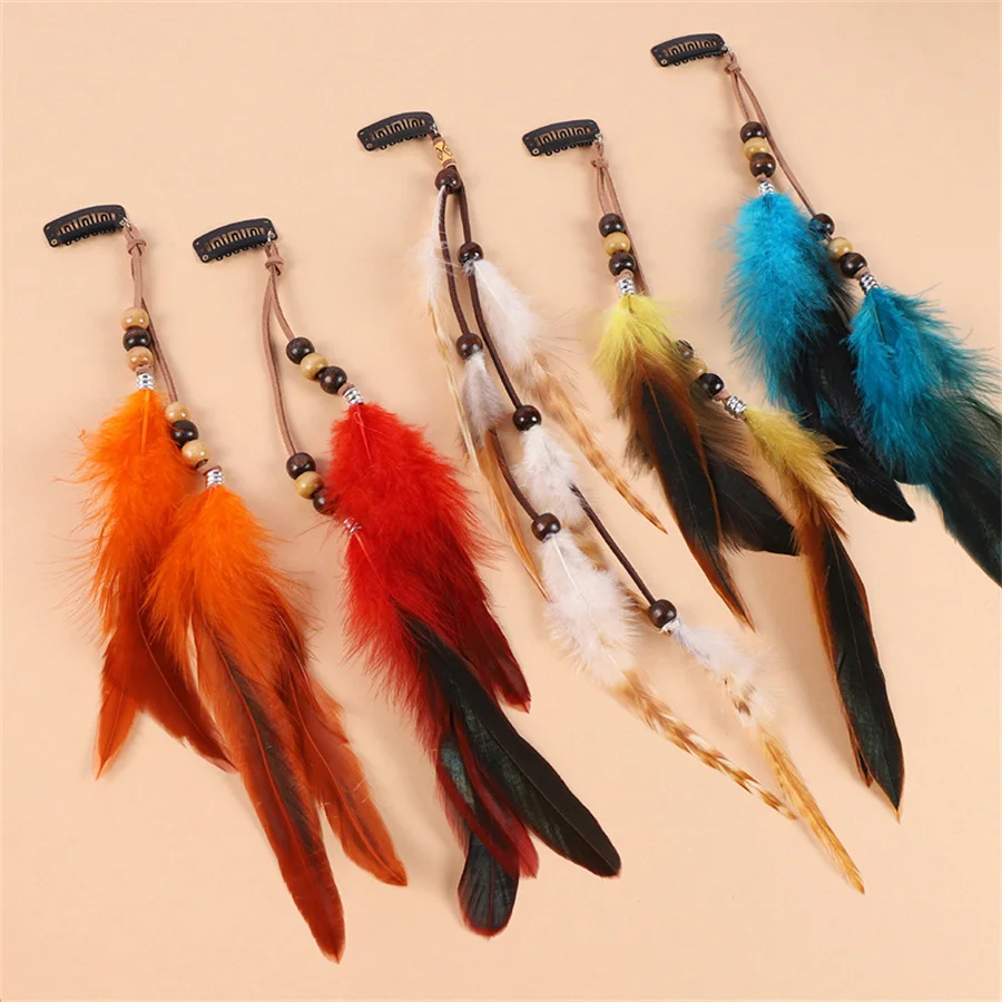 New Fashion personality Boho Colorful Feather Hair Clip for Women Indian Hippie Headpieces Feather Hair Rope Headband Headwear