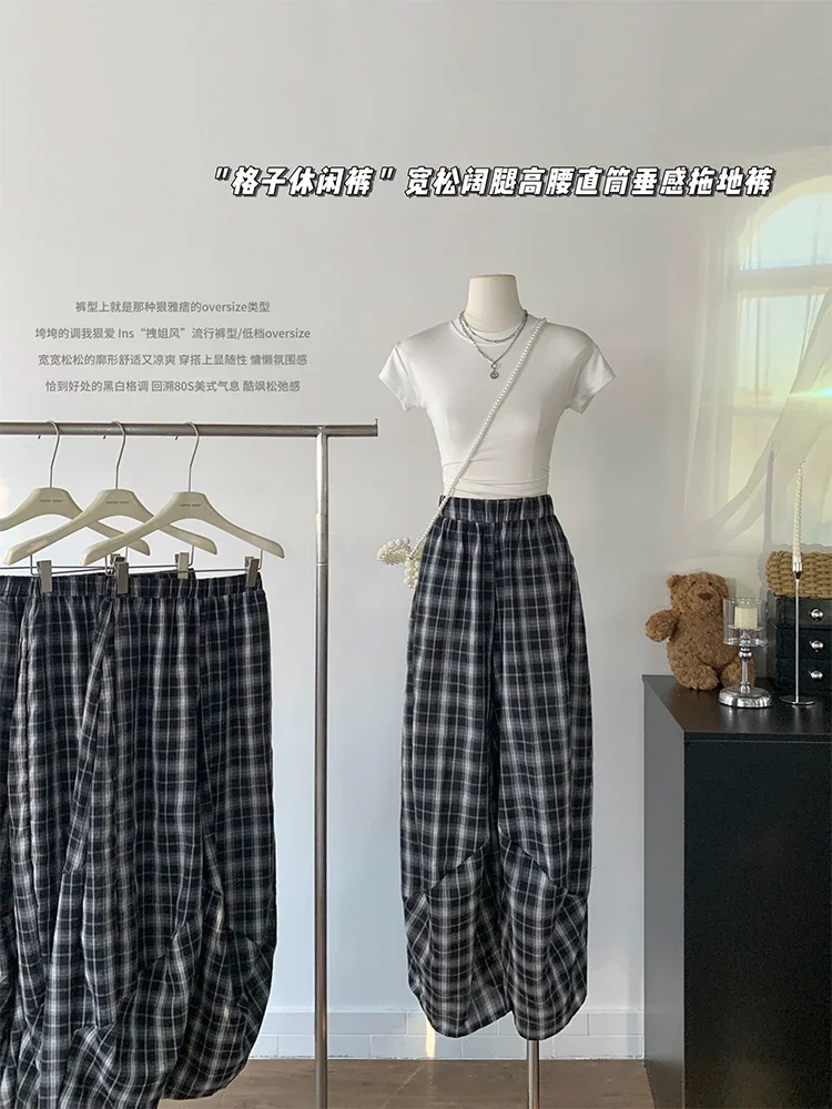 Women Dark Academia Harajuku Fashion Gothic 2000s Aesthetic Plaid Pants Elastic Waist Pantalones Long Trousers Trashy Y2k Baggy