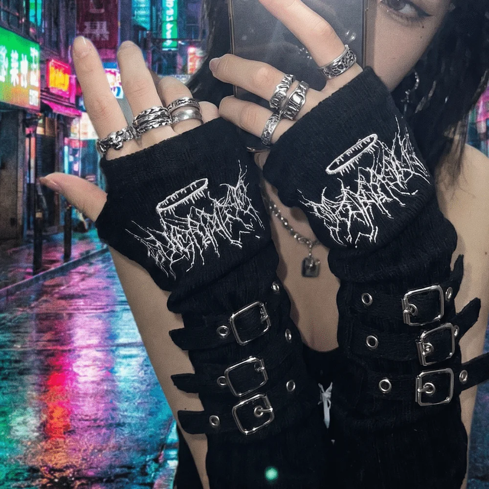 Polyester Subculture Style Arm Sleeves Embroidered Design Thorns Pattern Letters Sun Protection Gloves Black Color Metal Buckle