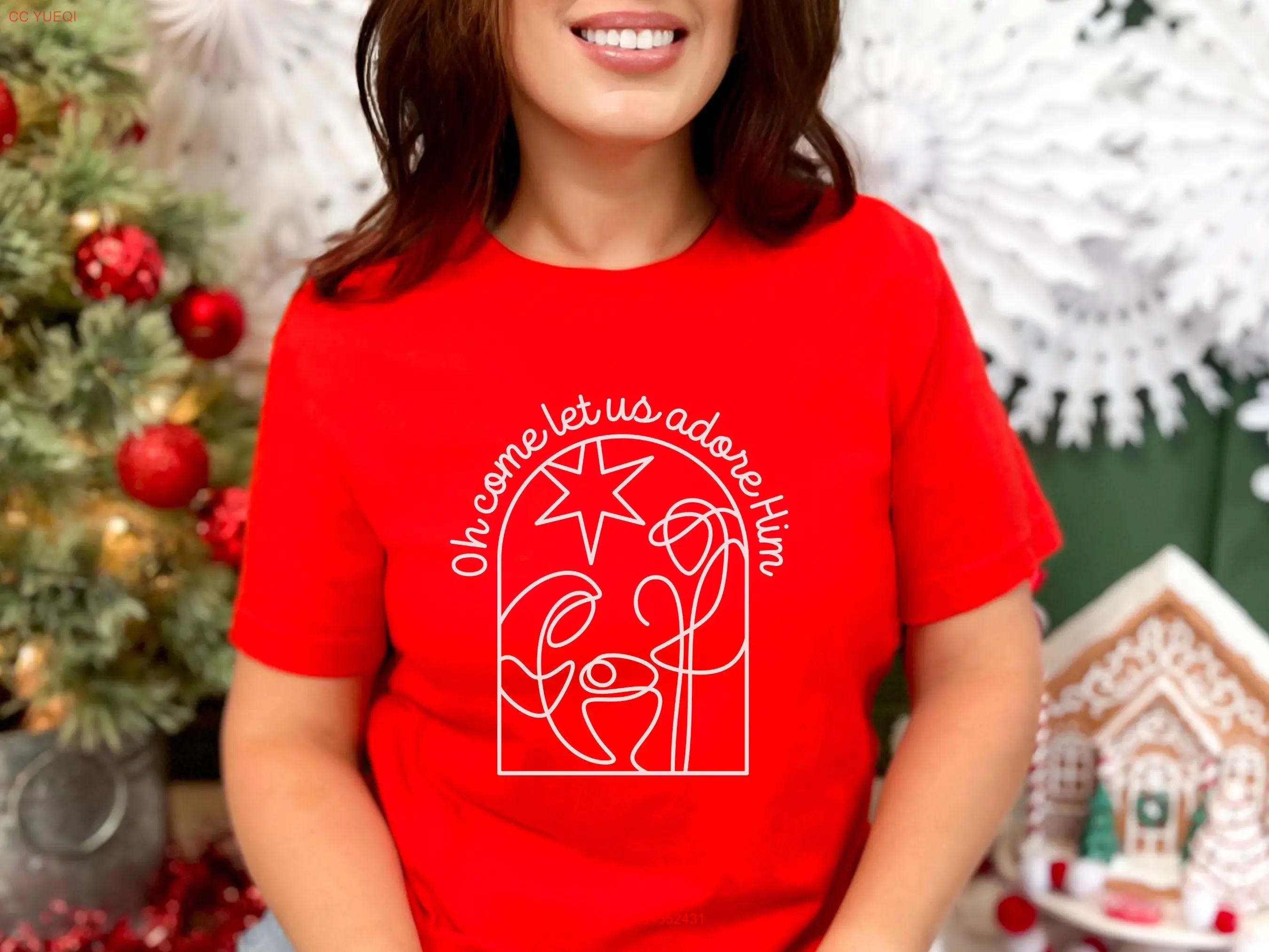 

Oh Come Let Us Adore Him Christmas T Shirt Jesus Teacher Holiday Nativity long or short sleeves