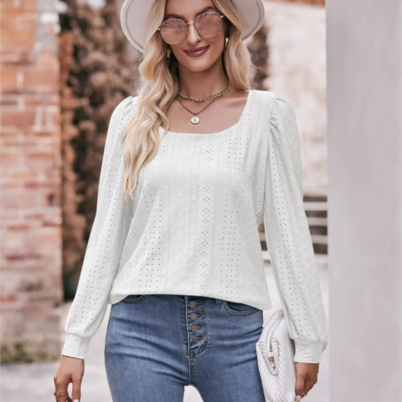 Elegant Solid Color Women's Top Autumn Square Neck T-shirt Hole Hollow Long Sleeved Casual Top Ladies 2024 New Product Versatile