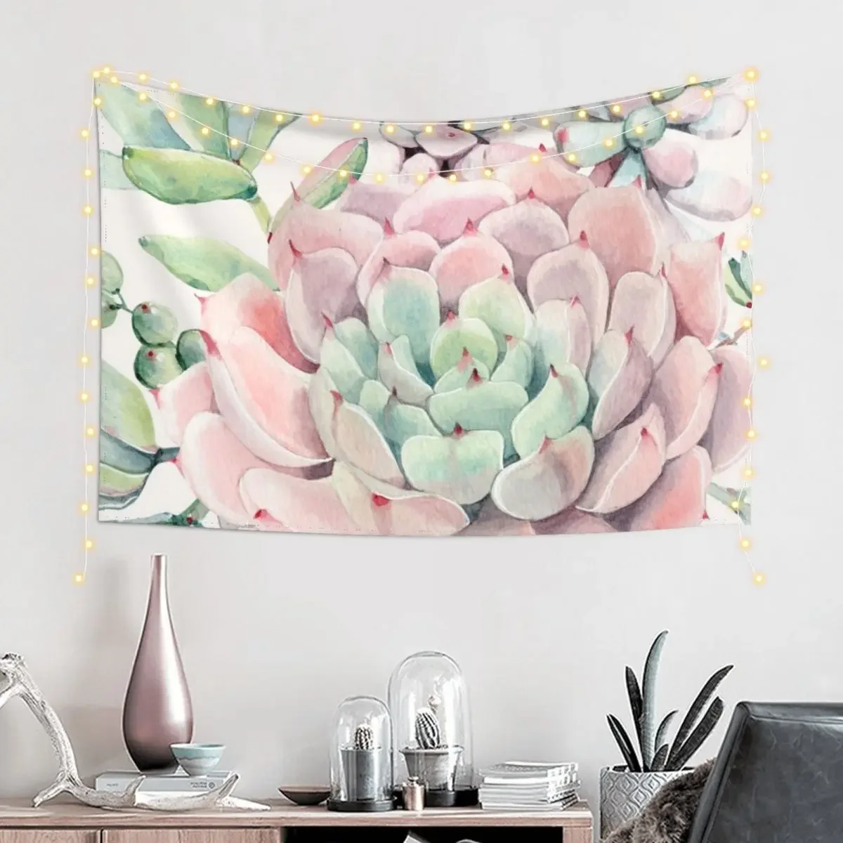 Pretty Succulents Pink and Green Desert Succulent Illustration Tapestry Christmas Decoration Tapestry