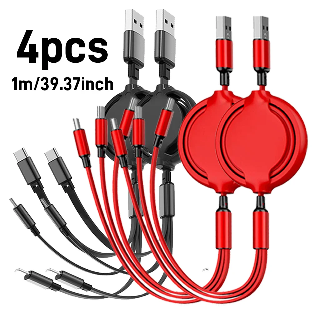 

4 шт., выдвижной USB-кабель 3-в-1, кабель для быстрой зарядки для Iphone, Samsung, Huawei, Xiaomi, многопортовый кабель для зарядки нескольких устройств