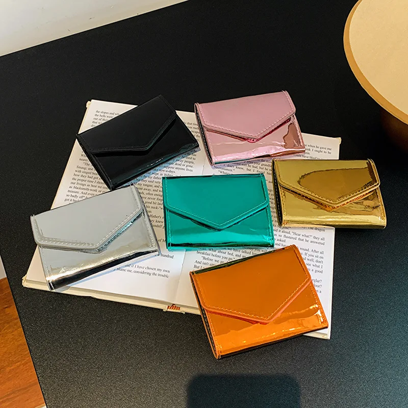 Fashion Women's Short Wallets Simple Fashion Card Holder Purse PU Leather Laser Bright Surface Three Fold Wallet Mini Clutch