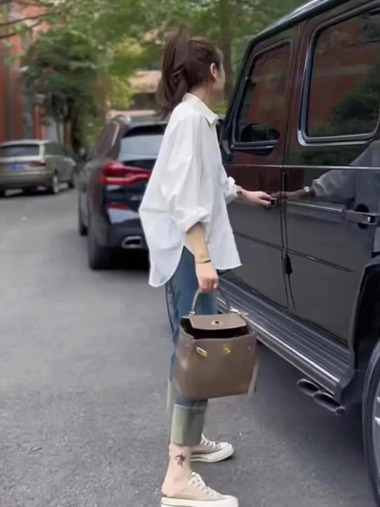 

Дизайнерская женская рубашка с длинным рукавом, белая, осенняя новинка, премиум-класса, свободный крой, смесовый полиэстер, с воротником