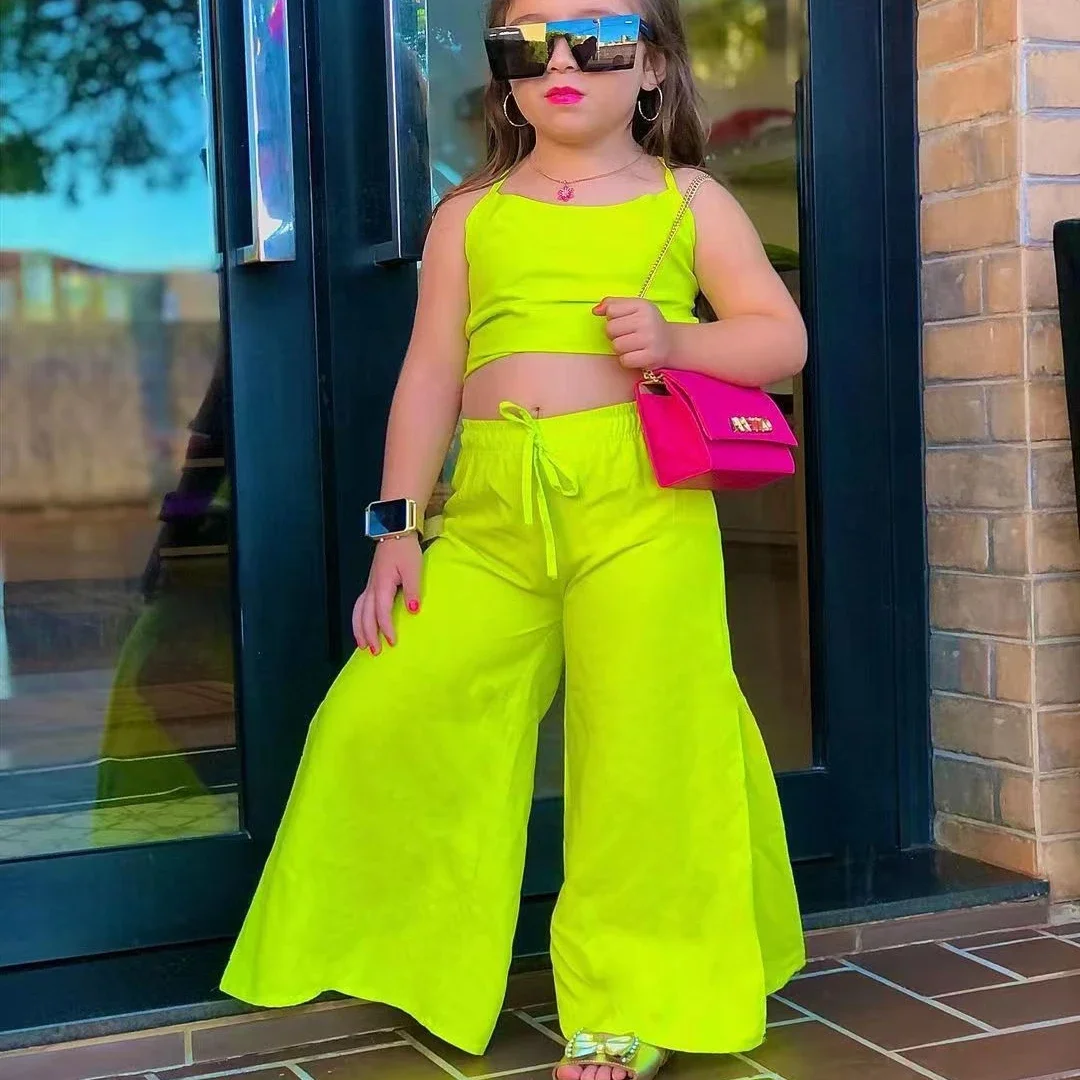 

2024 Summer Girls Clothing Sets Casual Sleeveless Halter Solid Crop Tops + Loose Flared Trousers Children's Casual Clothing