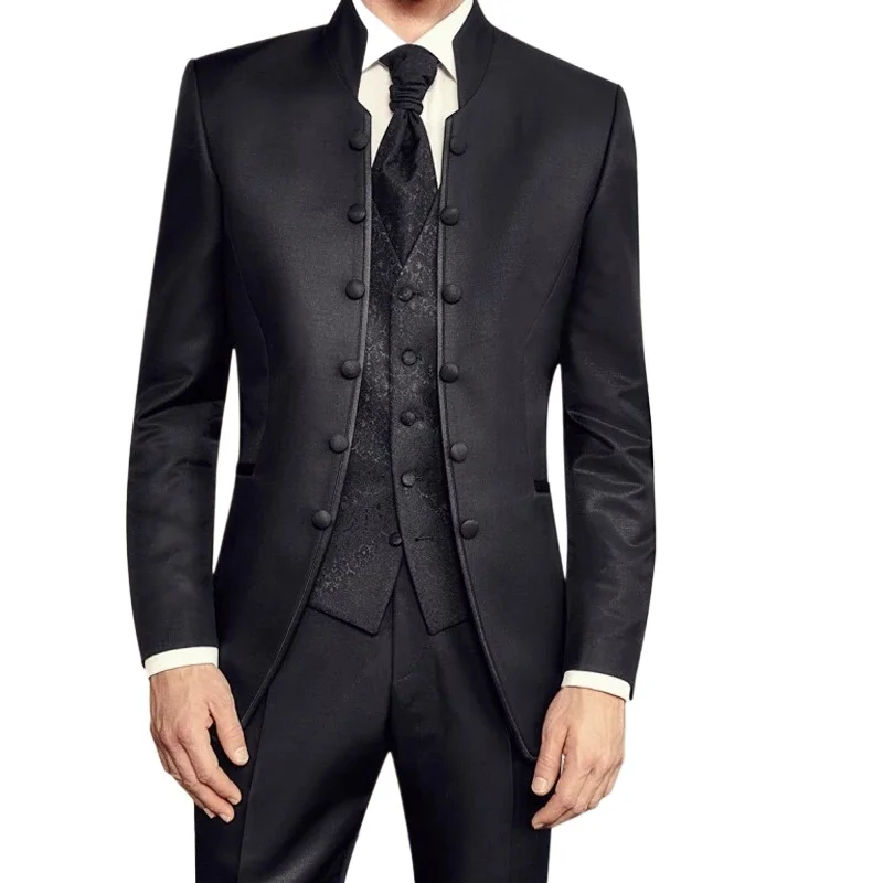 Tunic Men Suits with Stand Collar Double Breasted Blazer Jacket Vest Pants 3 Pcs Wedding Groom Tuxedo Italian Style 2025