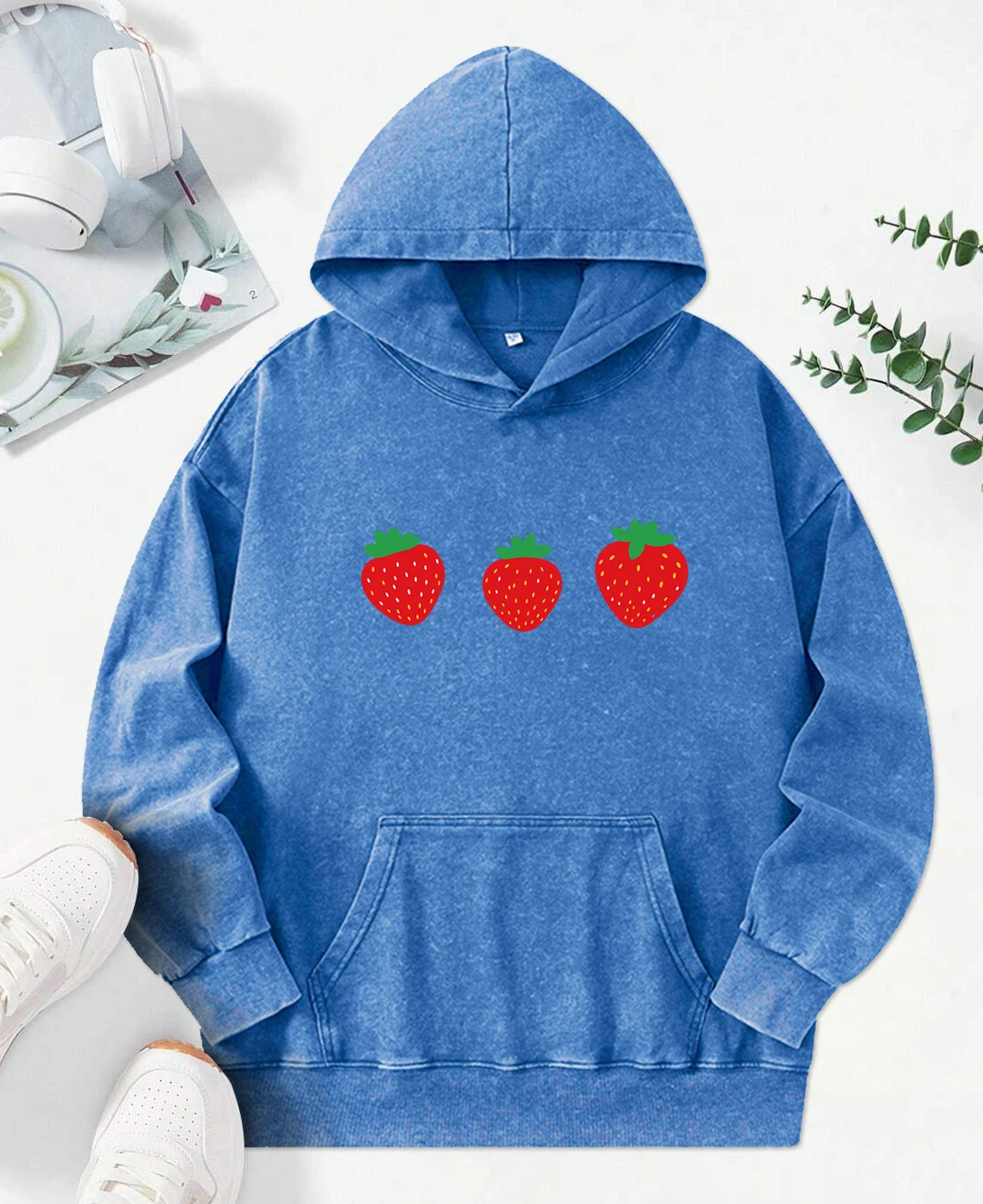 

Cute Little Strawberry Print Washed Hoody Hip Hop Multicolor Streetwear Creativity Fashion Pullovers Street Pocket Women Hoodie