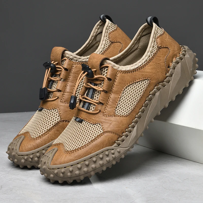 Summer Men Mesh Shoes Breathable  Refreshing Hand Sewn Soft Sole Soft Surface Splicing Anti Slip Outdoor Travel  Hiking Shoes