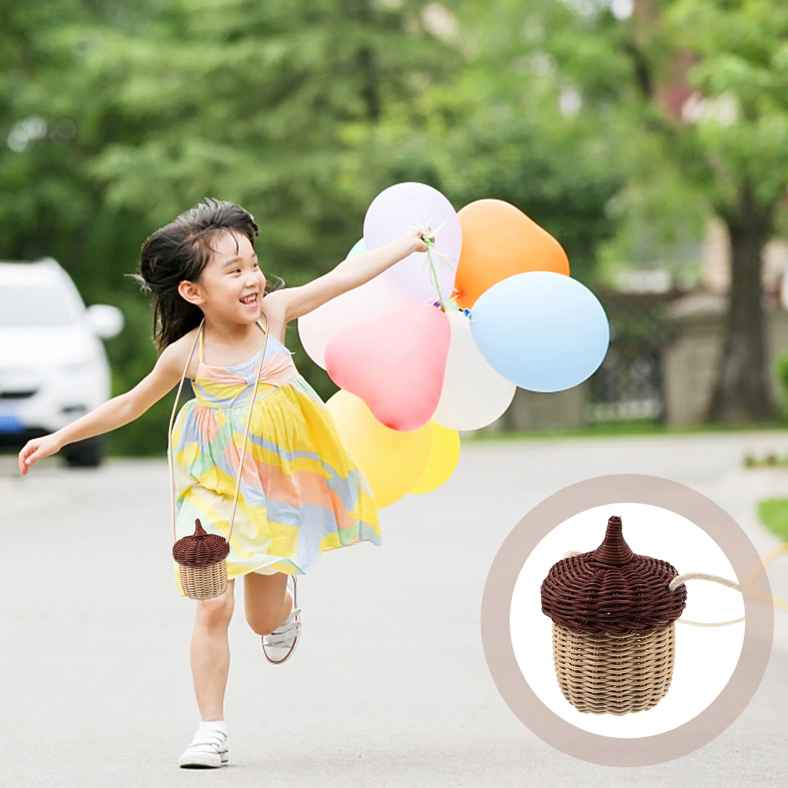 

1Pcs Mini Rattan Bag Kids Cross Body Bag Acorn Shape Woven Storage Basket Hanging Basket for Children Photo Prop Decor
