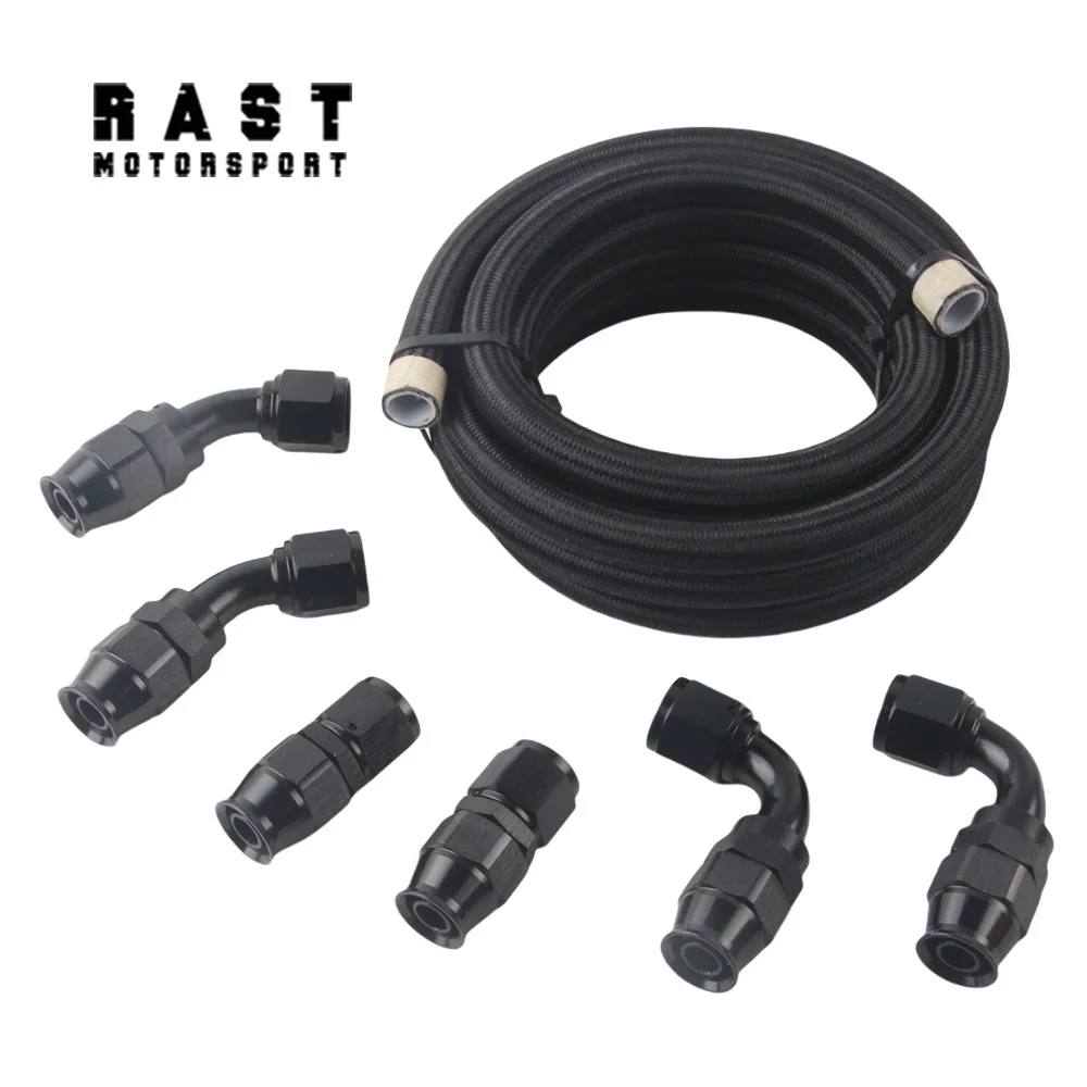 

10FT E85 6an 8n an10 Tube Nylon Stainless Steel Braided PTFE Black Fuel Line Fitting Kit with 6 pcs Swivel Hose Ends