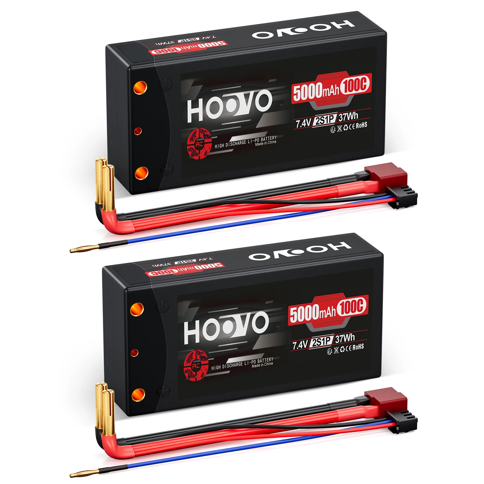 HOOVO RC Battery 7.4V 5000mAh 100C 2S Lipo Batteries HardCase  with 4.0 mm Banana to Deans Plug for RC Car Boat Truck Truggy