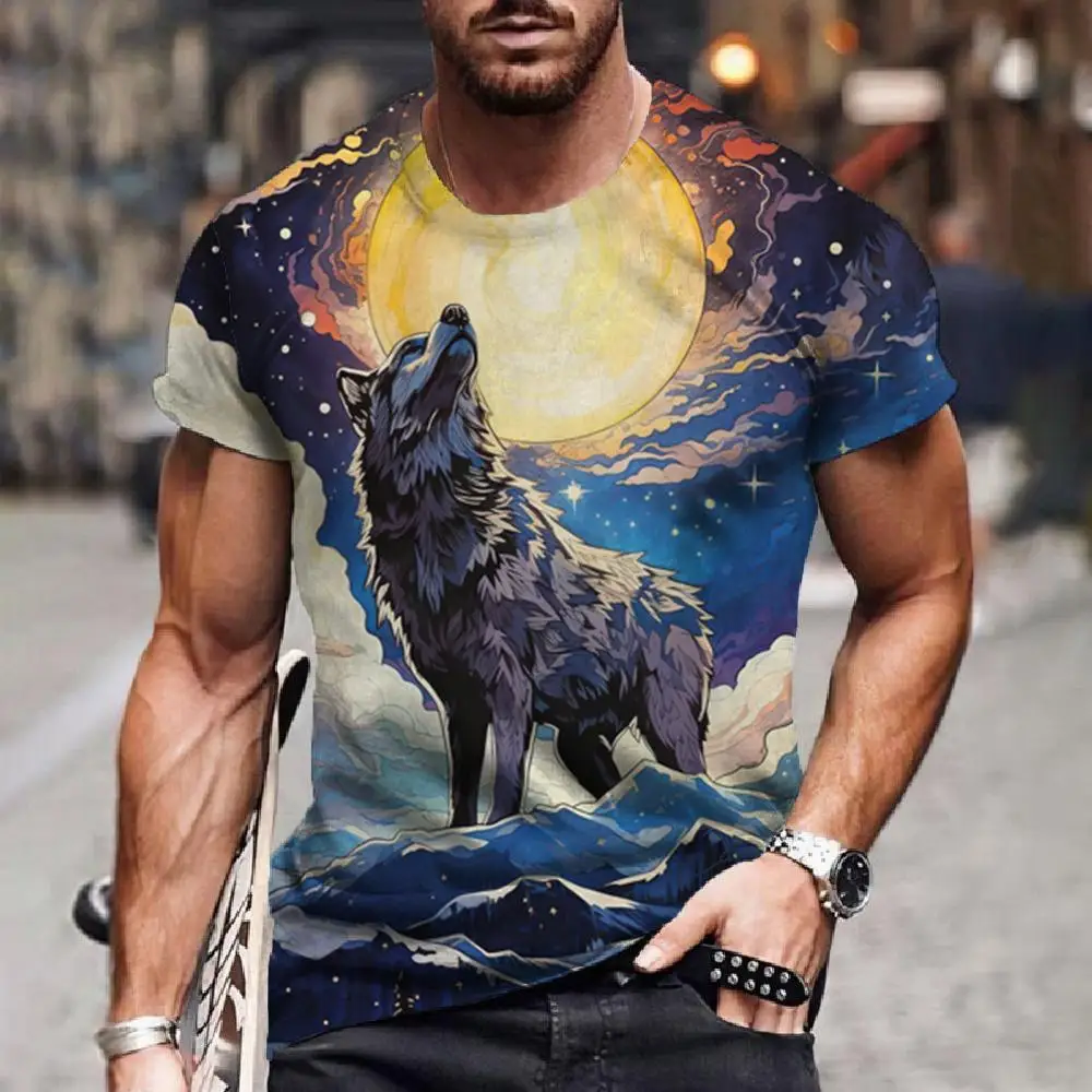 2024 Wolf T Shirt For Men Vintage Animal Print Short Sleeve Top 3D Casual Street Man\'s T-shirt Oversized Tee Shirt Men Clothing