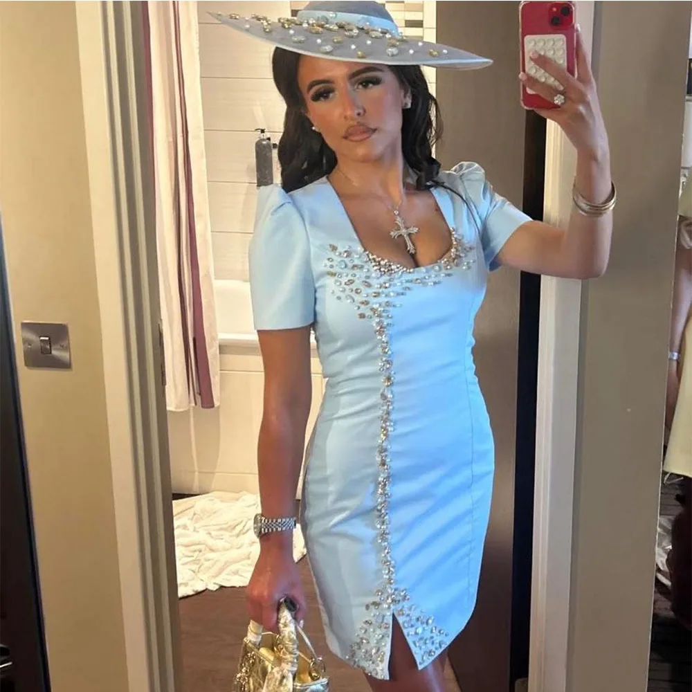 

Sky Blue Satin Cocktail Dress Sheath Knee Length Short Sleeves Cocktail Gown Square Collar Party Gown Beading Prom Dress