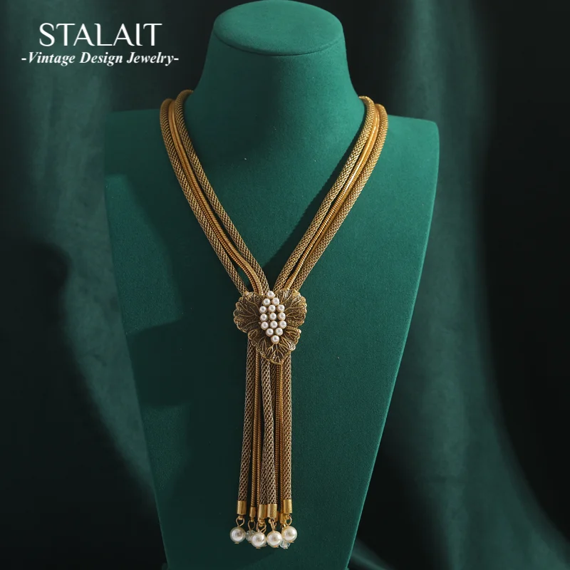 

Винтажное длинное стильное золотого цвета с кисточками из змеиной кости, жемчужное ожерелье в форме сердца для женщин, свитер, женские свадебные украшения, роскошные