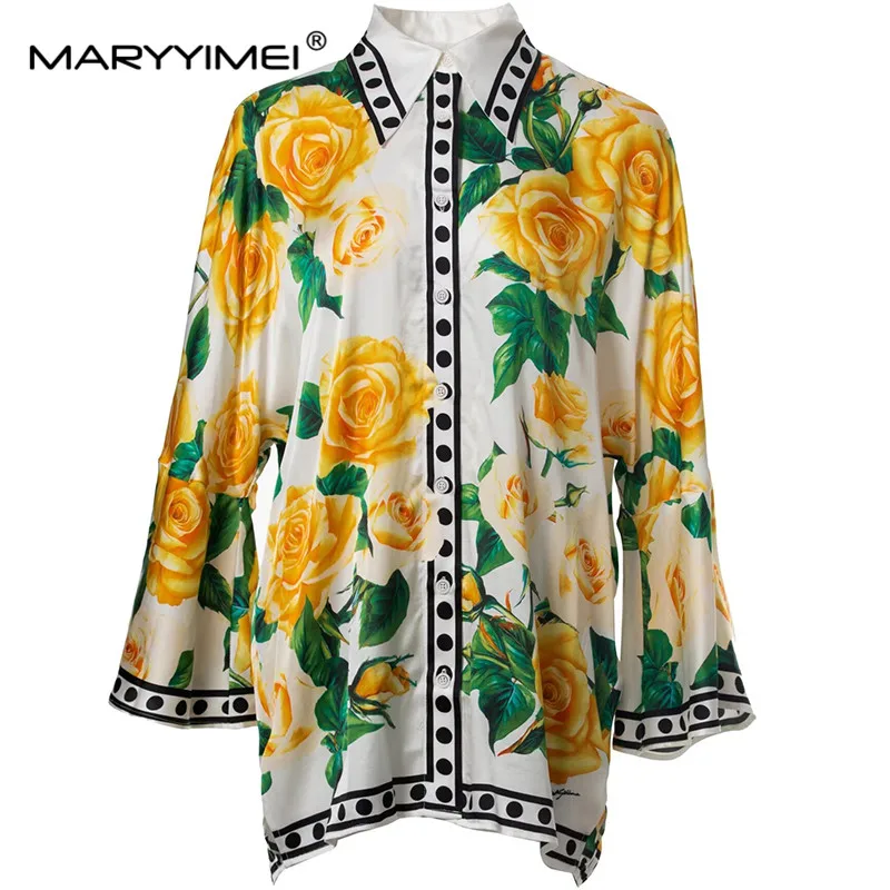 MARYYIMEI Spring Summer women\'s Suit Turn-Down Collar Flare Sleeved Single-Breasted Tops+Wide legged pants printed 2 piece set