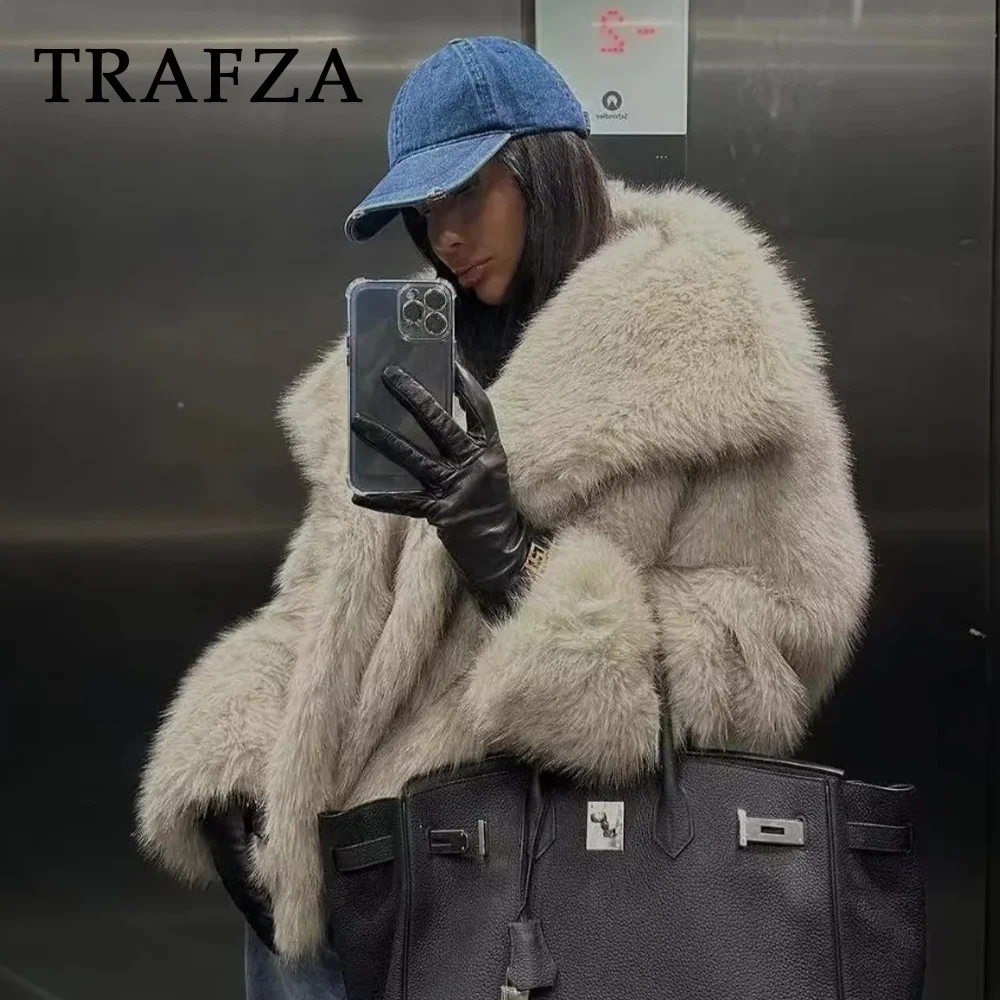 TRAFZA 2024 autunno inverno donna Casual giacche in pelliccia sintetica moda Streetwear solido oversize colletto rovesciato eleganti cappotti spessi