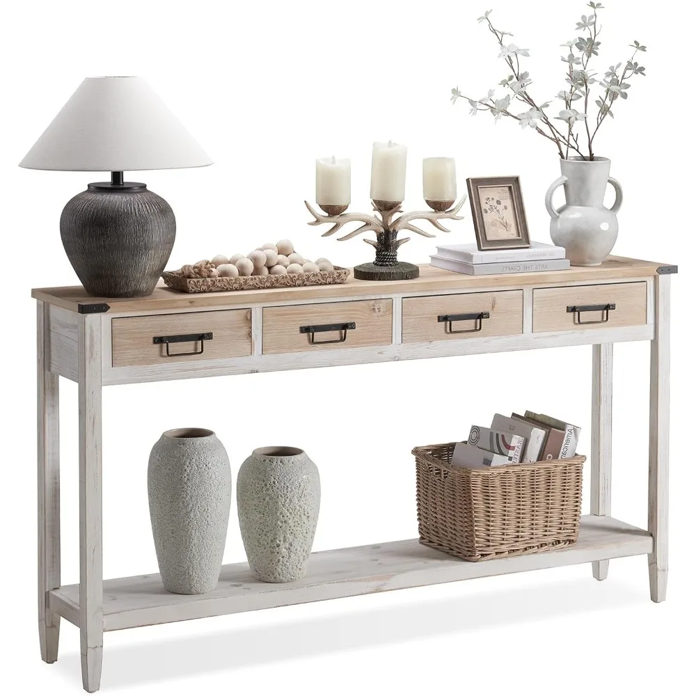 

Farmhouse Console Table with 4 Drawer,Long Rustic Entryway Table with Open Storage Shelves and Handmade Metal Handle