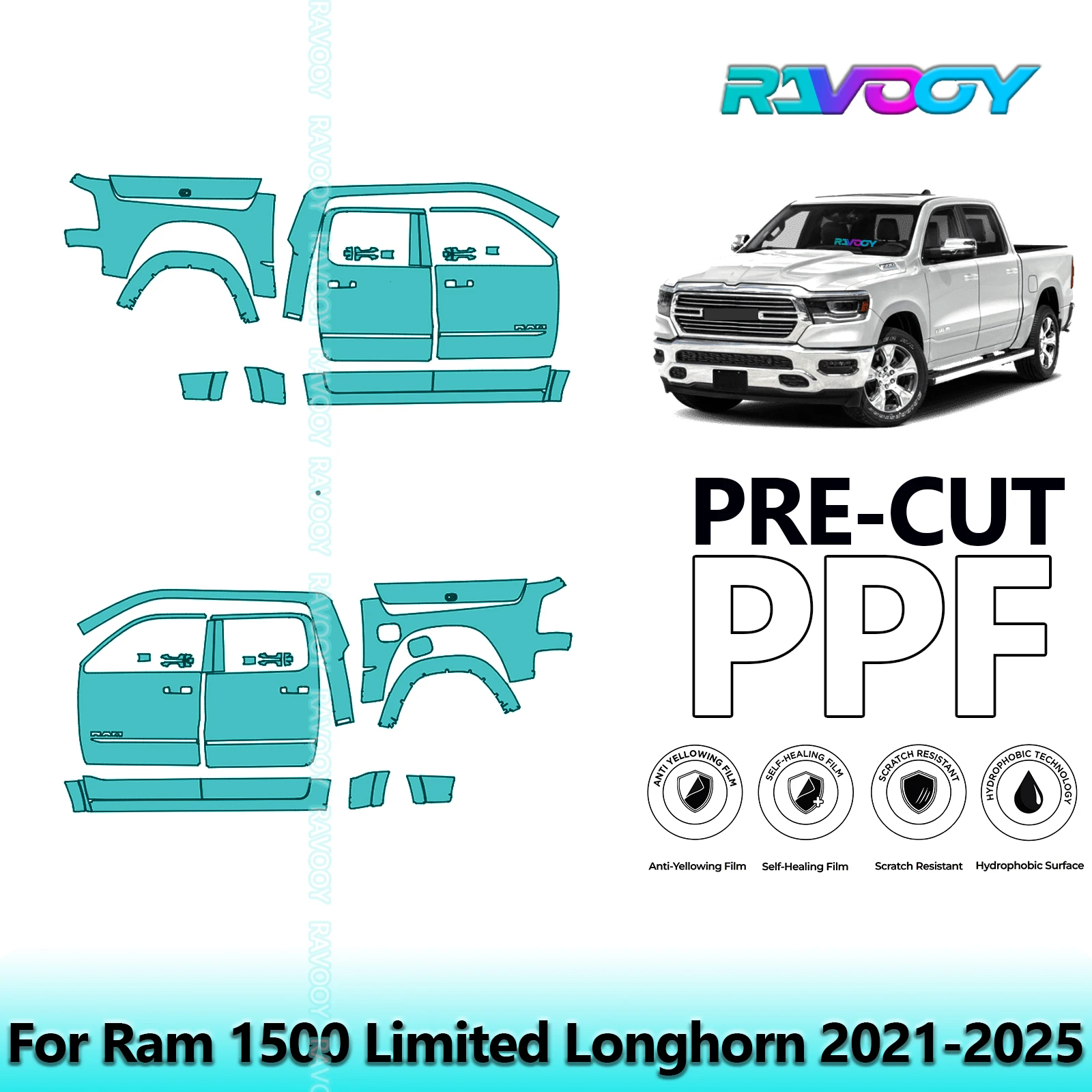 

For Ram 1500 Limited Longhorn 2021-2025 8.5mil Clear Matte Pre-Cut PPF Door & A/B Pillar Kit TPU Paint Protection Film Set