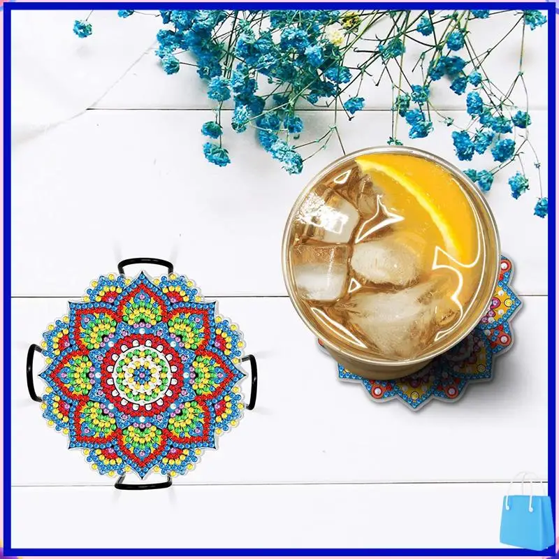 مجموعة قواعد أكواب مكونة من 8 قطع المفضلة لدى العملاء مجموعة قواعد أكواب فنية ماسية ماندالا مع حامل، مجموعة أدوات رسم ماسية ذاتية الصنع