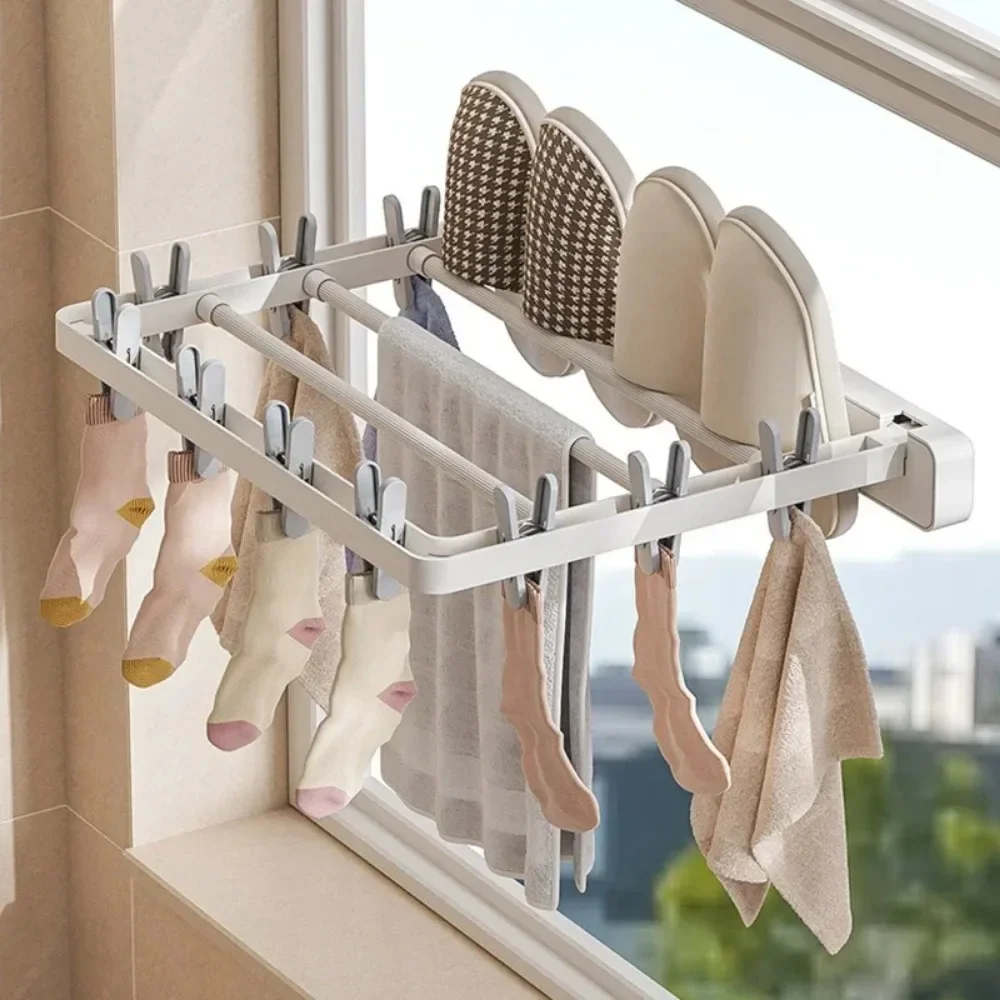 Folding Drying Rack Wall Mounted Clothes Hanger Drying Clip Non Punching Windproof Sock Clip MultiFunctional Space Saving Hanger