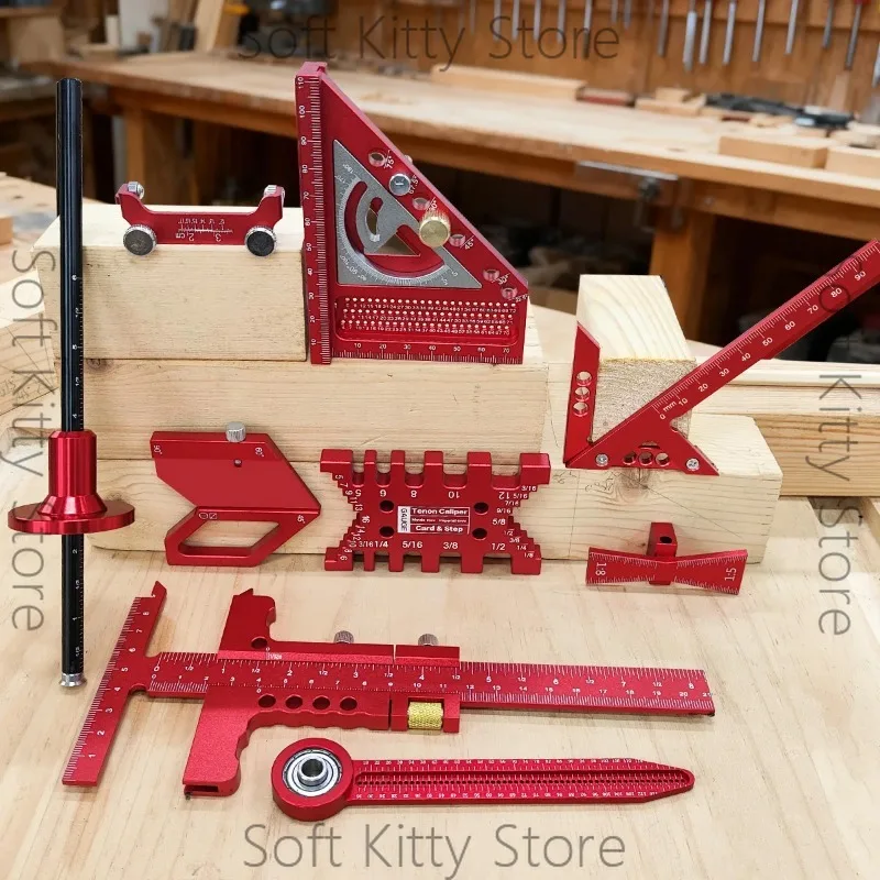 10pcs Woodworking Square Kit with Box, Aluminum Scribeing Ruler,Center Finder,Circular Drawing Compass,Honing Guide,Height Gauge