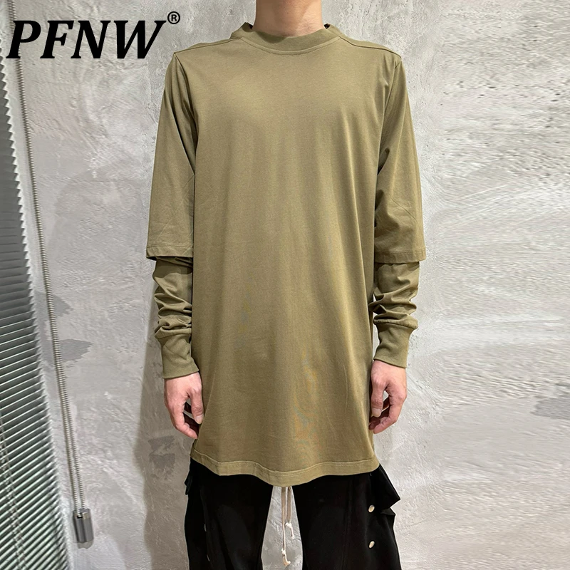 PFNW Spring Knit Fake Two Piece Design Double Layer Solid Color Patchwork Loose Long Sleeve T-shirt Men's Loose Tee Top 28W5933