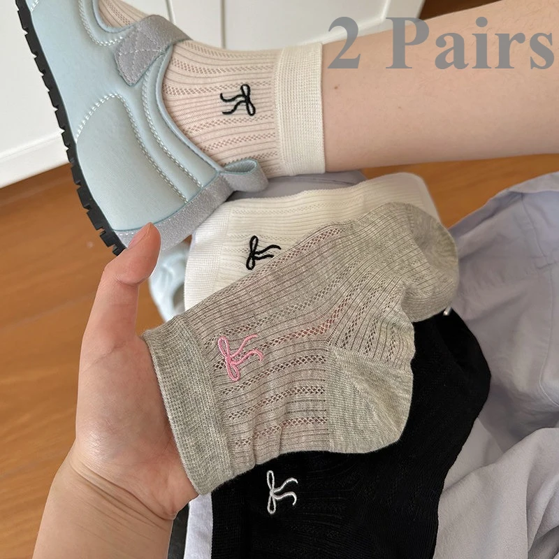 2/1Pairs Sweet Bowknot Embroidery Ankle Socks for Women Summer Thin Mesh Breathable Comfortable Anti-slip Casual Short Socks