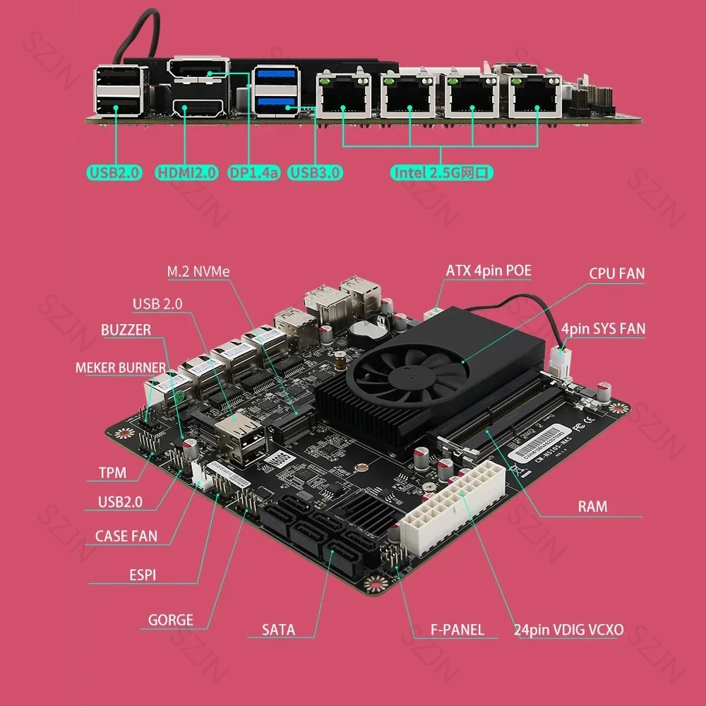 DIY ITX N5105 Motherboard NAS Home 4 Cores 4 Threads Low Power Consumption 4x2.5GbE 2xM.2 6xSATA Slot BK NVR N5105