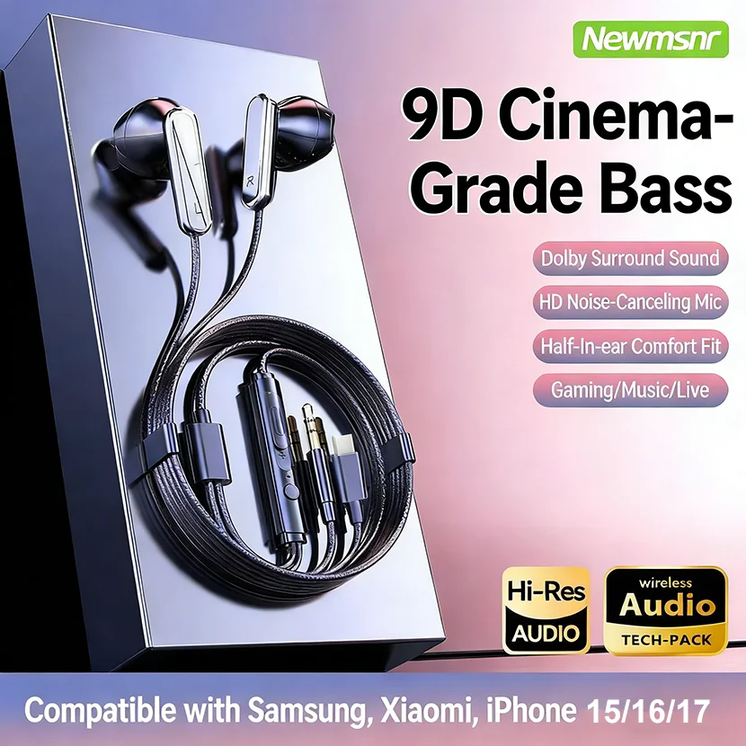 

9D Surround Bass Type C&3.5mm Headphones Wired Control Headsets With HD Mic Gaming Earbuds For iPhone15/16 for Samsung Earphones