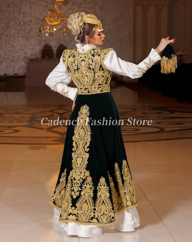 Customized  Luxury Black and White Long Sleeve Arabian Two Piece Prom Dresses Gold Lace Applique Dubai A-Line Evening Gowns