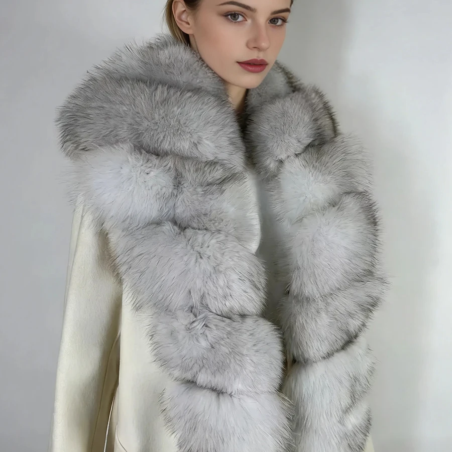 Winter Coat For Women Wool Cashmere Coat Women Real Fox Fur New White Wool Coat Women Fashion view 2