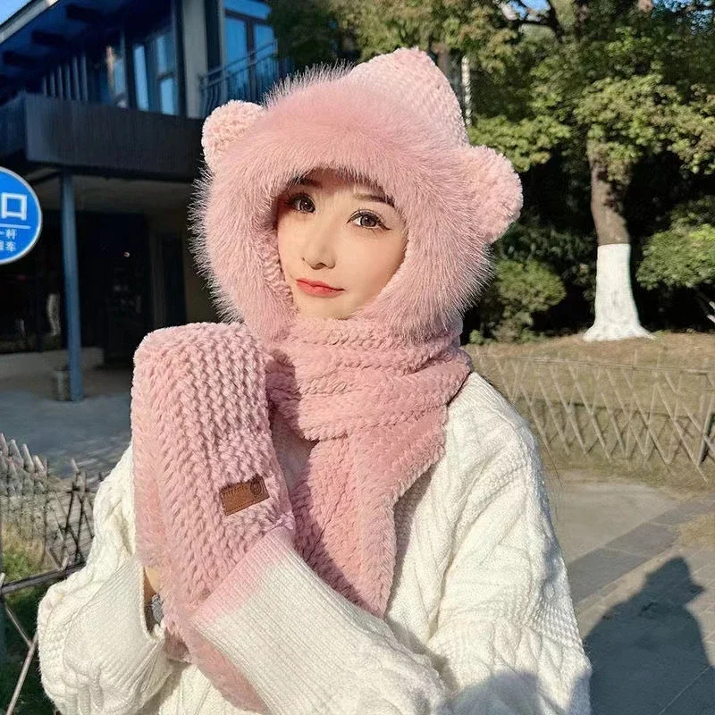 1Pc new bear hat woven embossed scarf gloves plush hat three-piece set winter women's windproof ear protection fluffy hat