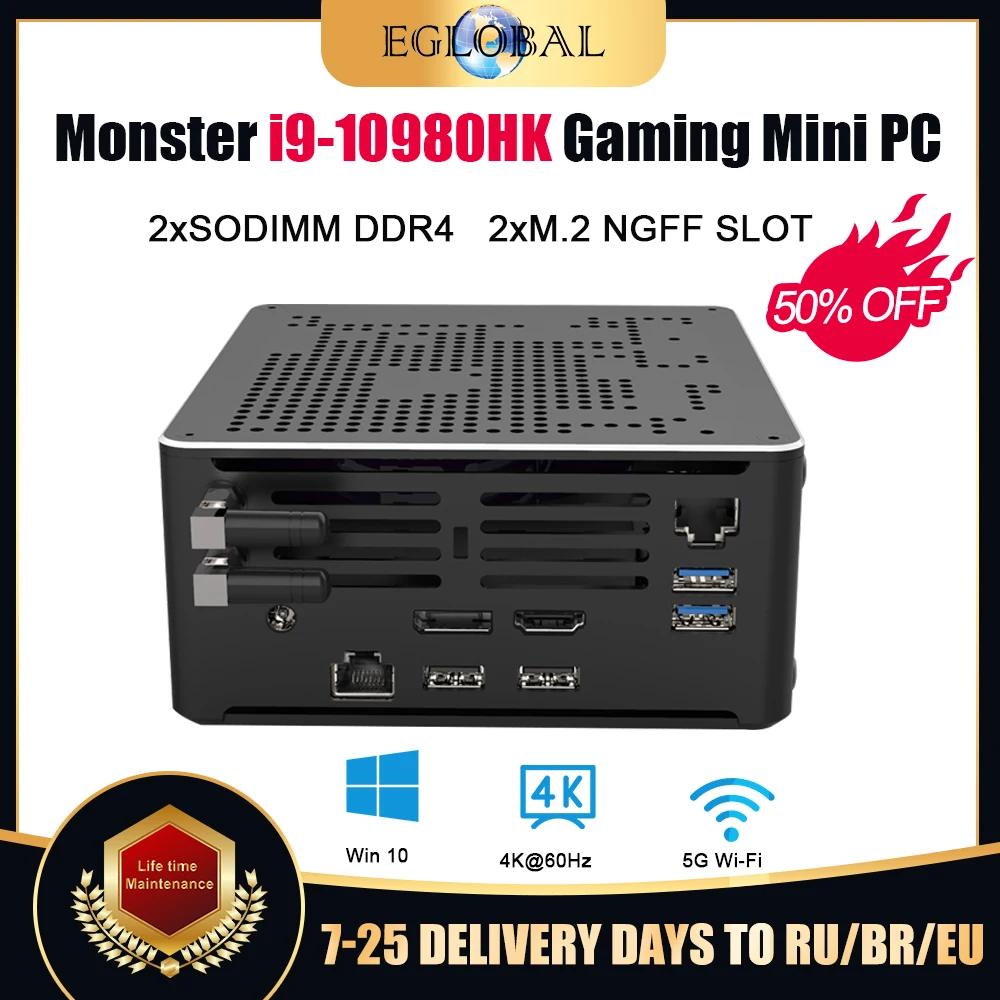 Eglobal Intel Core i9 10980HK Mini Computer Windows10 Pro Gaming PC HDMI2.0 DP1.2 Dual 4K 60hz Display 2 Intel Lan  9260 AC Wifi