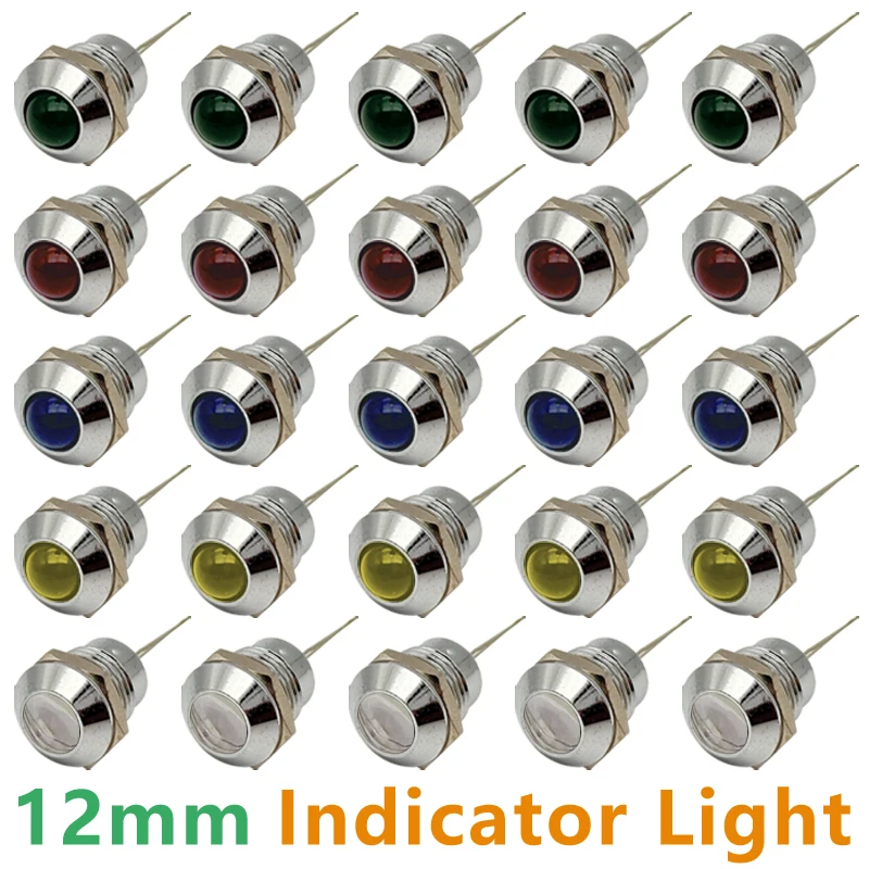

5Pcs 12mm Circular Round Indicator Light LED Metal Signal Lamp White/Red/Blue/Green/Yellow 3V 6V 12V 24V 36V 220V