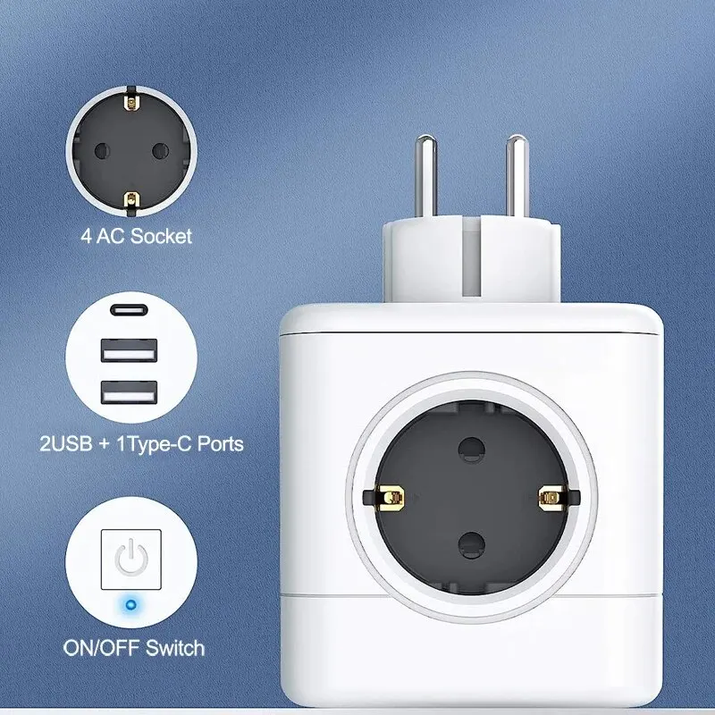 MASSFA 4 Eu AC Outlets Power Strip Multiple Cube Plug 2 USB-A Electrical Socket with Switch USB-C Surge Protector Home Adapter