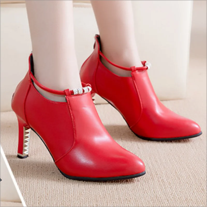 

New Botas Muje Winter Boots Women Shallow Round Toe Red Women's Boots Thin Heels Zip Ankle Boots Pu Leather Zapatos De Mujer