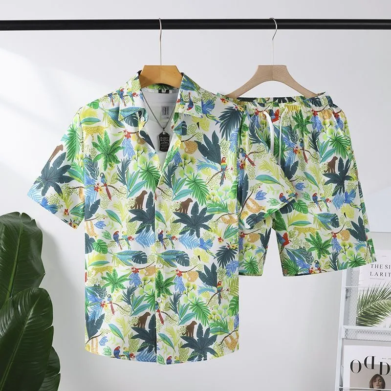 

Quick Dry Hawaiian Shirt and Short 2 Piece Sets for Men Large Size Loose Short Sleeve Blouse Cute Bird Plant Print Male Clothes