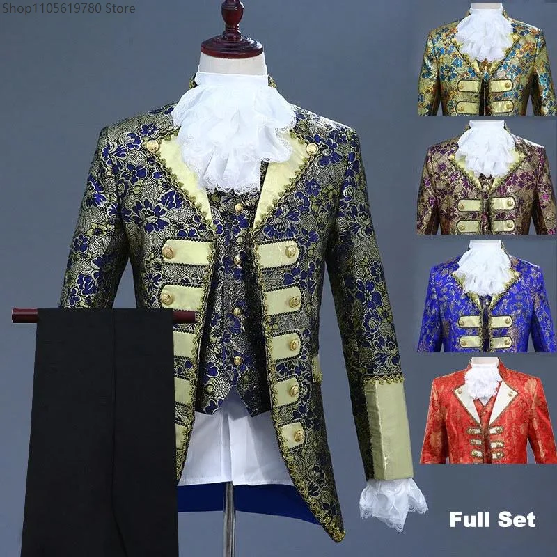 Halloween Cosplay Outfit Mens Royal King Prince Military‑Uniform Suit Jacket Vest Pants And Jabot‑Tie Stage Performance Costume